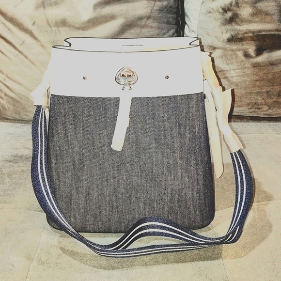 NWT KATE SPADE NEW YORK "MARTI" NAVY DENIM & WHITE LEATHER BUCKET SHOULDER BAG - Picture 16 of 16